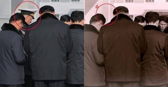▲▼美媒发现，今年3月曾陪金正恩出席驱逐舰建造工程视察的海军司令官金明植，其身影在6月13日报道画面中已被修图抹除。 （图/翻摄自朝鲜中央电视台）