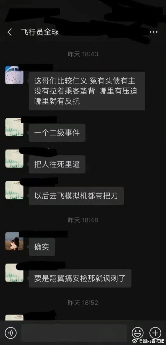 飞行员群组留言称没害到其他乘客，这机长算是「够仁义」。翻摄微博