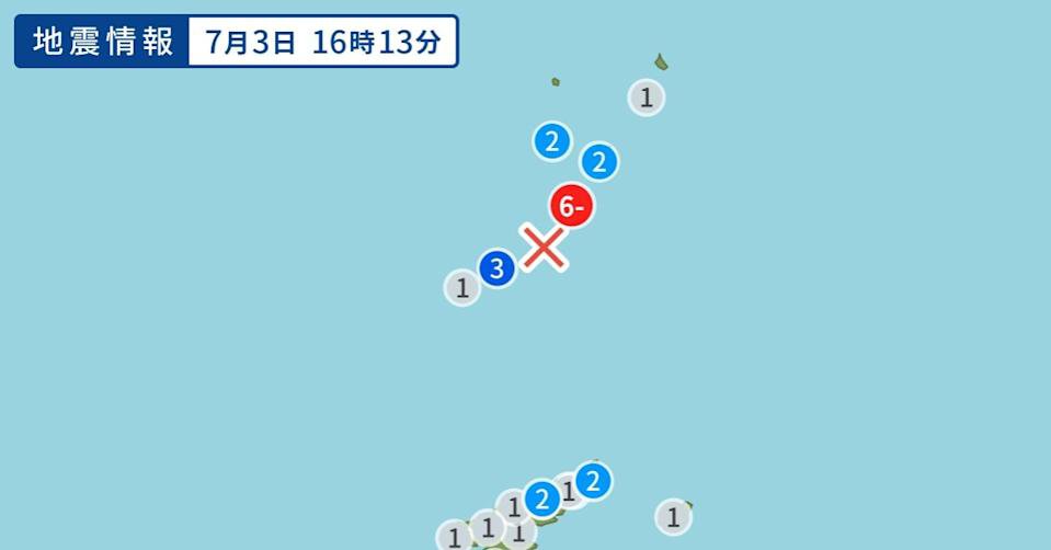 台北時間今（3）日下午3點13分，日本鹿兒島外海又發生地震，推估規模5.5。（圖／日本氣象廳）