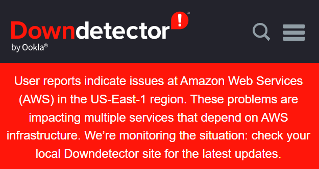亚马逊公司的云端服务AWS于20日出现全球大当机，数据监控网站Downdetector统计指出，已收到650万份问题回报，超过1千家公司、机构遇到问题。（图撷自脸书）