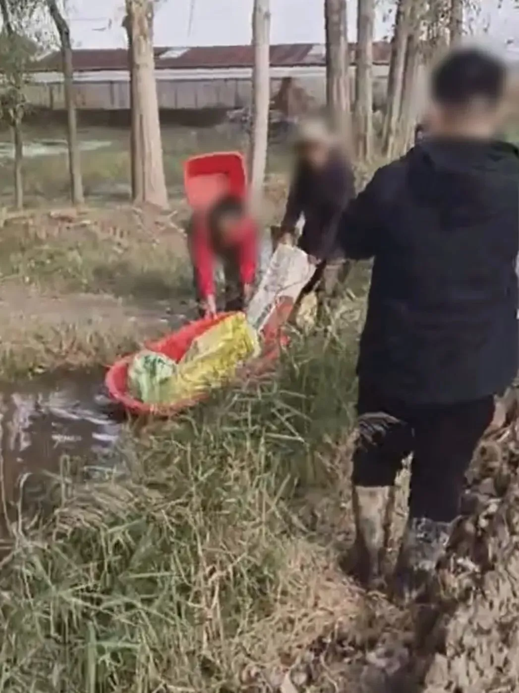 沟渠尽头，村民们将装着玉米的澡盆拉上岸/受访者供图