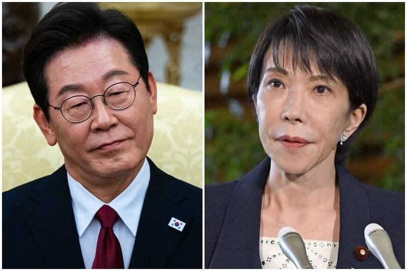 南韩总统李在明（左）21日在社群发文向日本新任首相高市早苗（右）祝贺，两人有望在APEC庆州峰会上会晤。（美联社、彭博资料照）