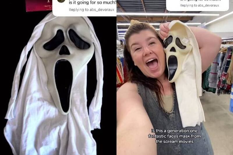 美国加州一位全职妈妈随手买下旧面具，竟是恐怖电影《惊声尖叫》使用的稀有原版，让她一夜赚进672美元（约新台币2万元）。（本报合成，图撷自@curatedbycarey/IG）