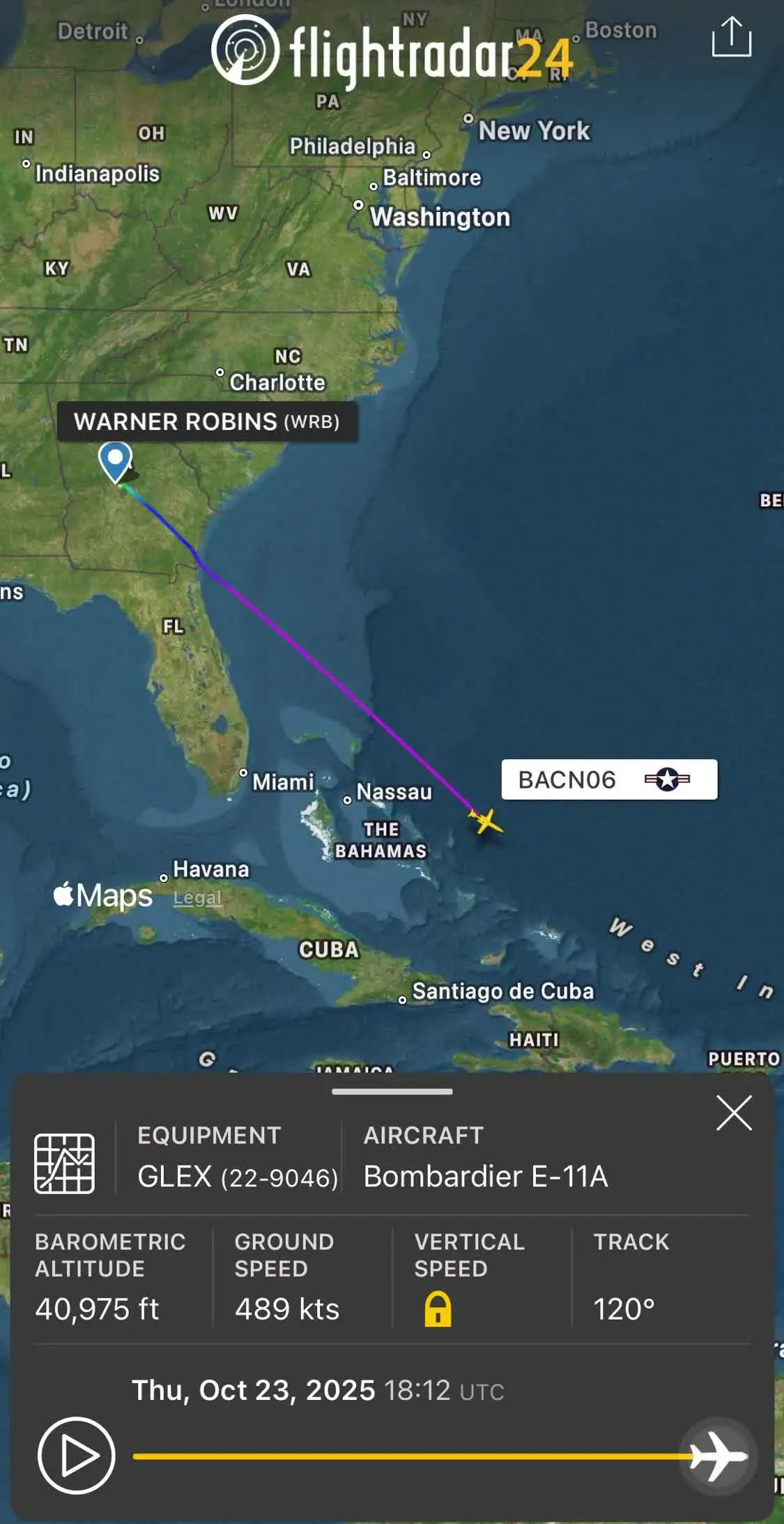 23日，一架E-11A通信中继飞机从佐治亚州飞往美属波多黎各