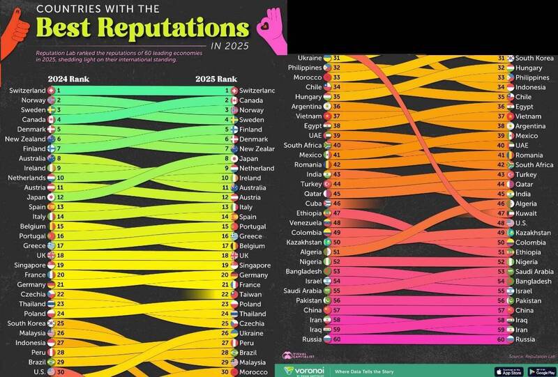 知名数据网站「Visual Capitalist」日前根据品牌管理机构「名誉实验室」（Reputation Lab）调查结果，排出全球60个主要经济体的国际声誉排名。（取自Visual Capitalist）