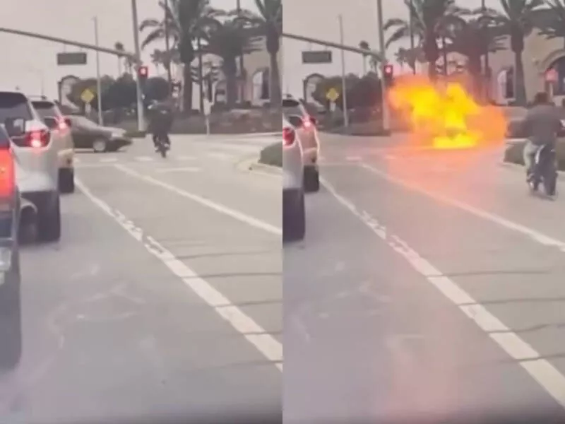 美屁孩骑摩托闯红灯！撞左转车爆火球 她的新车秒成废铁