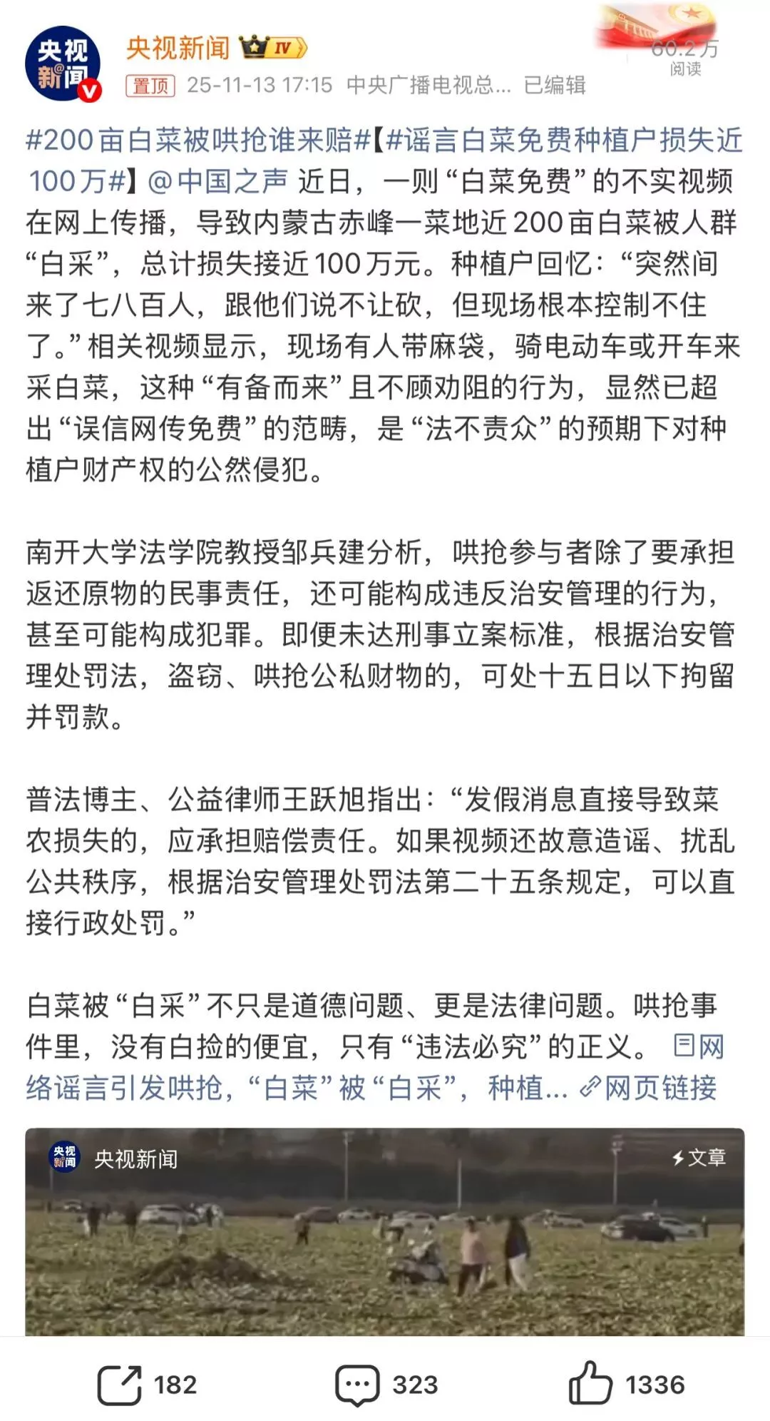 谁该为200亩白菜负责？官媒转发谣言让菜农血本无归