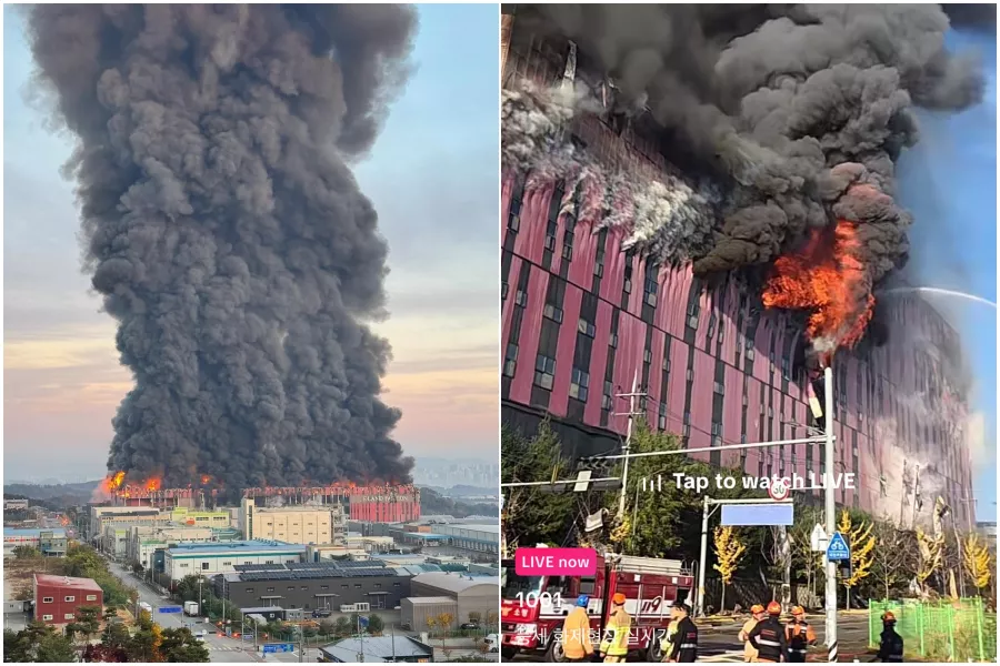 韩物流中心大火狂烧9.5小时！浓烟窜天 惊人画面曝