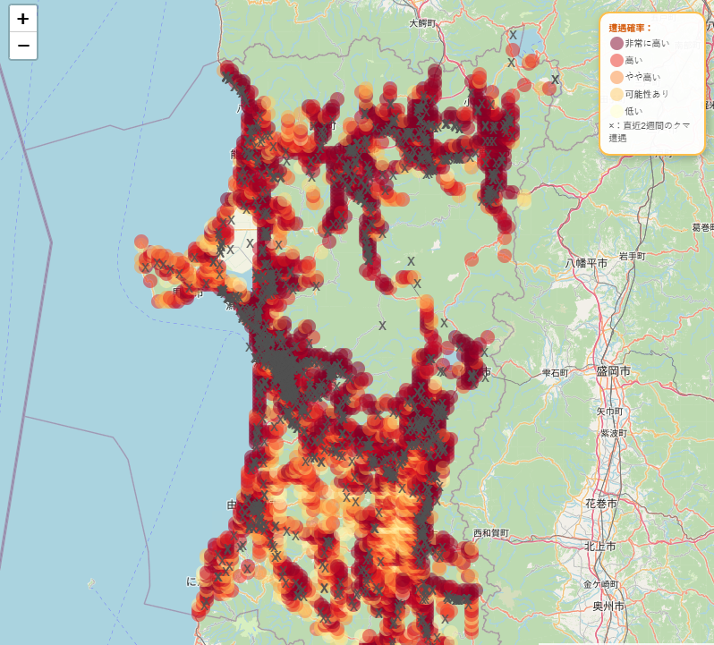 日本上智大学团队近日在网站上公布了使用人工智慧制作的「遭遇熊AI预测地图」。图为秋田县预测画面。（图撷自遭遇熊AI预测地图网站）