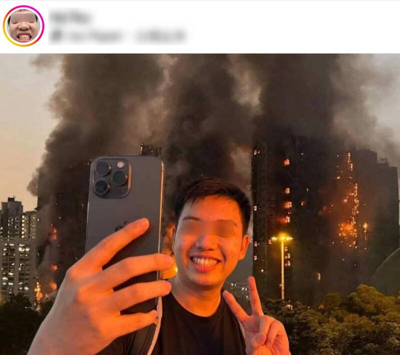 香港大埔宏福苑发生严重火灾造成严重伤亡，曾涉嫌偷猫的争议网红 Kenny竟跑到现场以火场为背景「灿笑比YA」，还拍片讥讽死者「罪有应得」，引发网友挞伐。（翻摄自Threads）