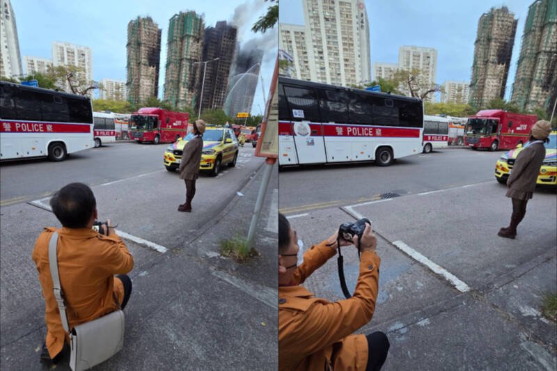 香港宏福苑火灾传出有人在现场摆拍打卡，引发社群热议。（本报合成，撷取自Threads）