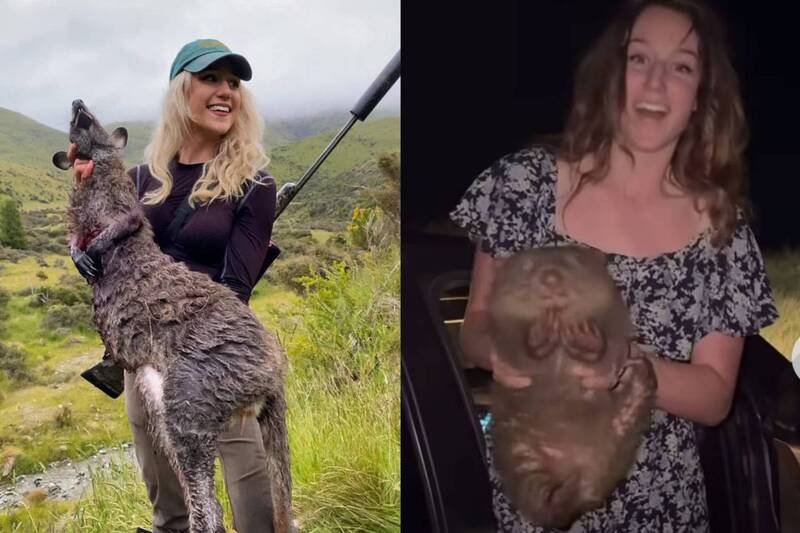 美国25岁女网红琼斯争议不断，今年3月故意干扰野生袋熊母子成为澳洲公敌，回国后被人检举非法狩猎，目前已被警方逮捕。（图撷取自社群平台「X」，本报合成）