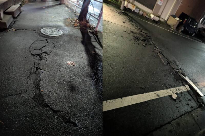 邻近震央的青森县八户市最大震度达到「6强」，不少当地居民目睹户外柏油路明显龟裂。（图撷取自@hatano_evo、@hatano_evo 社群平台「X」，本报合成）
