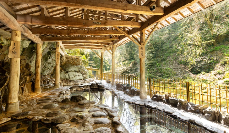 日本宫城县仙台市作并温泉旅馆，有熊只在垃圾堆翻找食物。图为事发旅馆露天温泉。（图撷自旅馆官网）