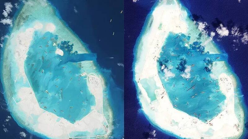 卫星影像揭露南海西沙群岛羚羊礁填海造陆的剧烈变化。对比画面显示，该礁体周边陆地在短时间内显著扩张并连结成形，反映出中方正加速进行人工岛建设与基础设施布局。（图片来源：Planet Labs）