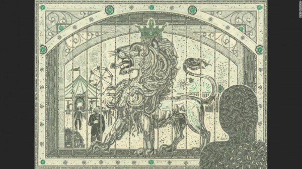 美籍艺术家马克‧瓦格纳（Mark Wagner）用绿色和黑色的美钞拼贴出神话生物（图撷取自CNN）