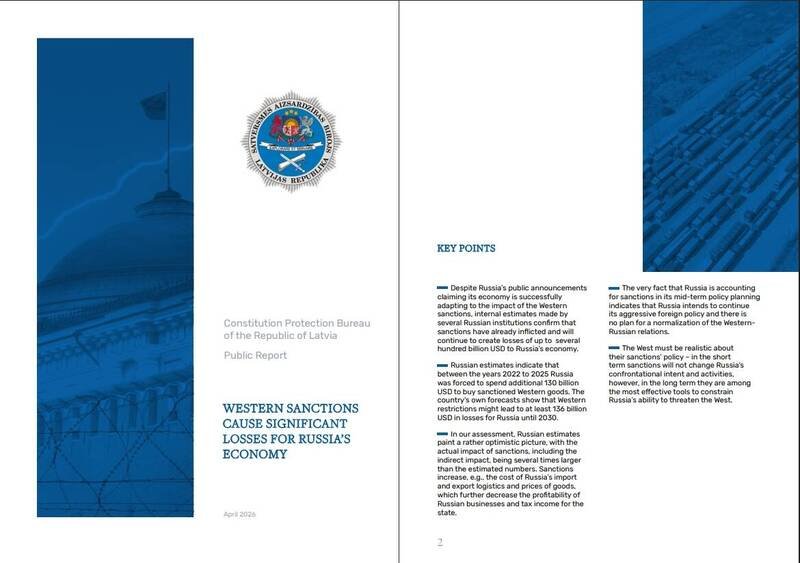 拉脱维亚国家安全机构宪法保护局最新报告指出，西方制裁已对俄罗斯经济造成显著损失，俄国额外付出约1300亿美元成本。（撷取自拉脱维亚宪法保护局官网）
